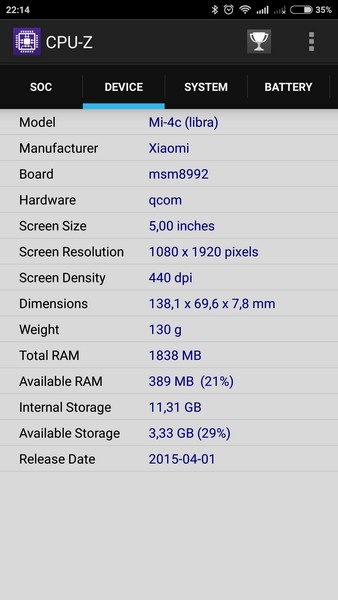 Xiaomi Mi4c - CPU-Z 2