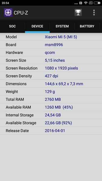 Xiaomi Mi5 - CPU-Z 2