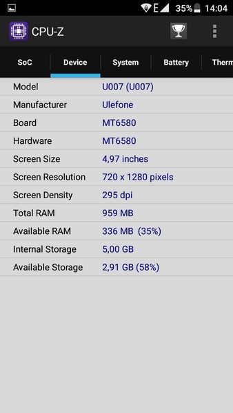 Ulefone U007 Review - CPU-Z
