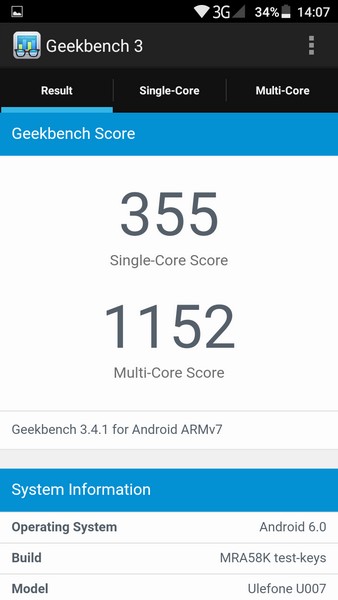 Ulefone U007 Review - Geekbench 3